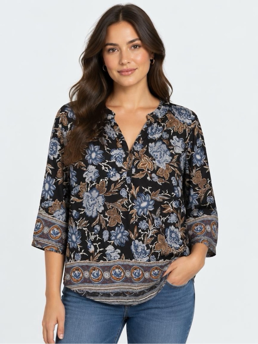 Lucky Brand Boho Black Floral Paisley
Henley Tunic Blouse Plus Size 1X